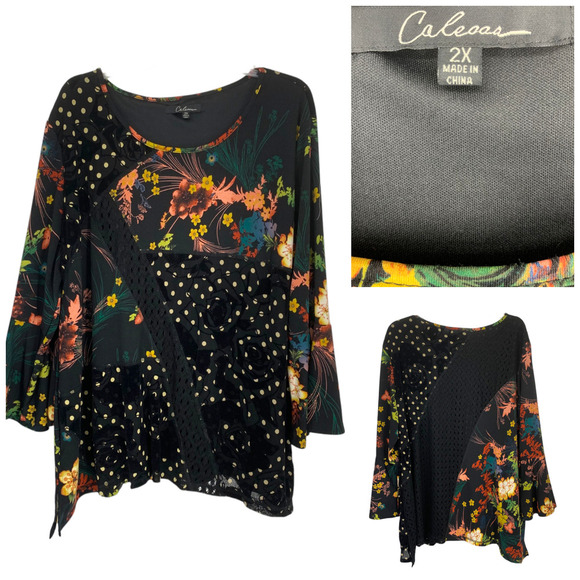 Calessa Plus Sz 2X Art to Wear Black Floral Mixed Material Pieced Knit Tunic Top - Picture 1 of 6